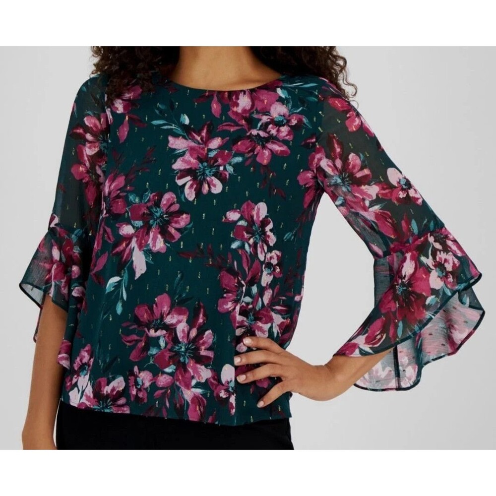 Kasper Women's Petite Ruffle Sleeve Floral Printed Blouse Top Green Plum  PL